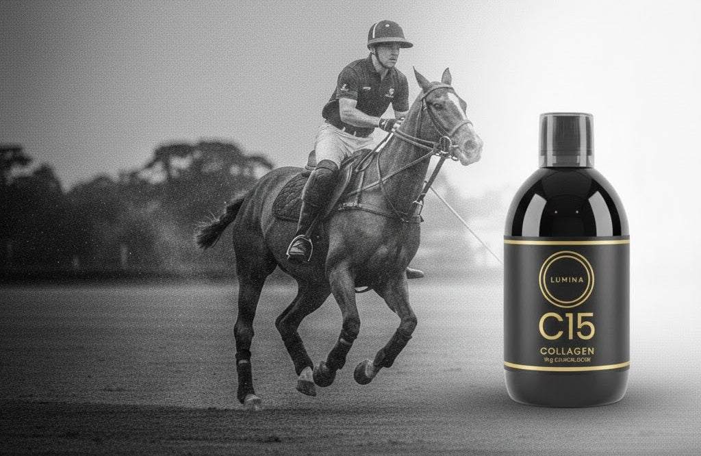 Bottle of C15 Collagen with a polo player on horseback in the background